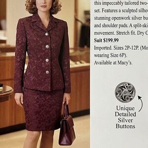 Vintage 2 Piece Skirt Suit Floral Burgundy TAPESTRY Petite 6